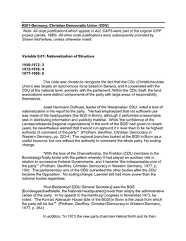 201-Germany: Christian Democratic Union (CDU) *Note: All Code Justifications Which Appear in ALL CAPS Were Part of the Original ICPP Project (Janda, 1980)