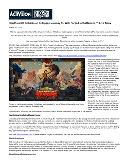 Hearthstone® Embarks on Its Biggest Journey Yet with Forged in the Barrens™, Live Today