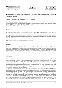 A New Species of Plestiodon (Squamata: Scincidae) from Sierra Madre Del Sur of Guerrero, México