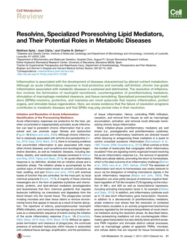 Resolvins, Specialized Proresolving Lipid Mediators, and Their Potential Roles in Metabolic Diseases