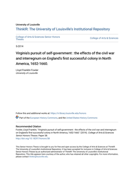 The Effects of the Civil War and Interregnum on England's First Successful Colony in North America, 1652-1660