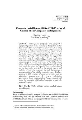Corporate Social Responsibility (CSR) Practice of Cellular Phone Companies in Bangladesh Sayema Hoque* Tanzina Chowdhury**
