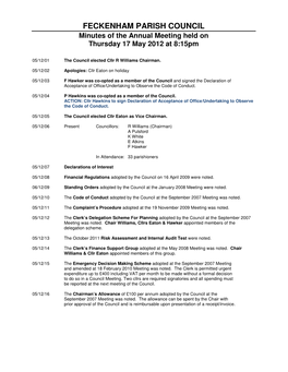 FECKENHAM PARISH COUNCIL Minutes of the Annual Meeting Held on Thursday 17 May 2012 at 8:15Pm