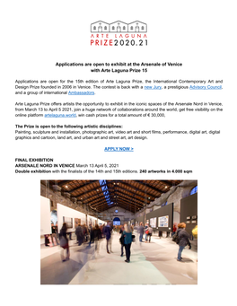 Applications Are Open to Exhibit at the Arsenale of Venice with Arte Laguna Prize 15