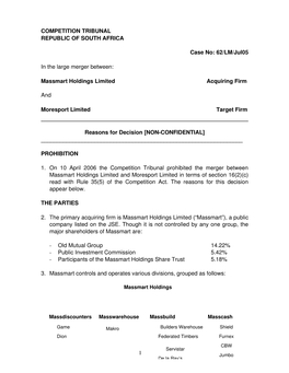 Servistar COMPETITION TRIBUNAL REPUBLIC of SOUTH AFRICA Case No: 62/LM/Jul05 in the Large Merger Between: Massmart