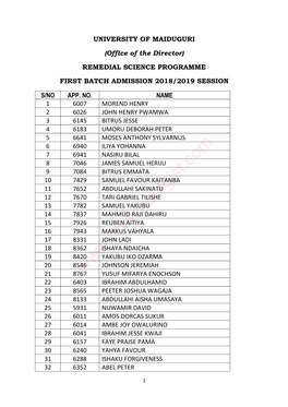 UNIMAID Remedial Science First Admission List