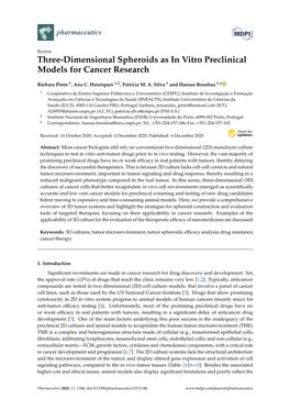 Three-Dimensional Spheroids As in Vitro Preclinical Models for Cancer Research