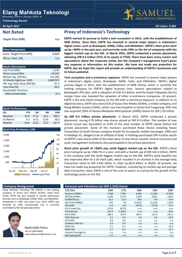 Elang Mahkota Teknologi Bloomberg: EMTK.IJ | Reuters: EMTK.JK Technology Sector 29 April 2021 JCI Index: 5,964