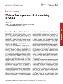 Weisun Tao: a Pioneer of Biochemistry in China