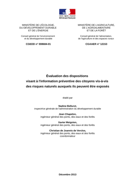 Évaluation Des Dispositions Visant À L'information Préventive Des Citoyens Vis-À-Vis Des Risques Naturels Auxquels Ils Peuvent Être Exposés