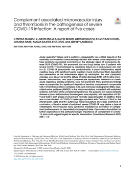 Complement Associated Microvascular Injury and Thrombosis in the Pathogenesis of Severe COVID-19 Infection: a Report of ﬁve Cases