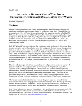 Analysis of Western Kansas Wind Power Characteristics During 2003 Kansas City Heat Waves