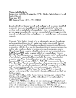 Minnesota Public Radio Corporation for Public Broadcasting (CPB) – Station Activity Survey: Local Content Report Fiscal Year 2018 CPB Grantee Name: KCCM-FM | ID 1468