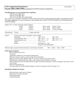 SVRA Supplemental Regulations: Toyota MR2 (1985-1995)As