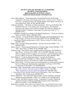 Society for the History of Authorship, Reading and Publishing Bibliography of Publications Derived from Sharp Conferences