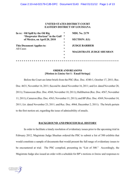 UNITED STATES DISTRICT COURT EASTERN DISTRICT of LOUISIANA in Re: Oil Spill by the Oil Rig * MDL No. 2179 “Deepwater Horizon O