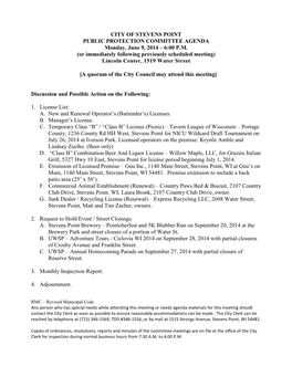 CITY of STEVENS POINT PUBLIC PROTECTION COMMITTEE AGENDA Monday, June 9, 2014 – 6:00 P.M. (Or Immediately Following Previously