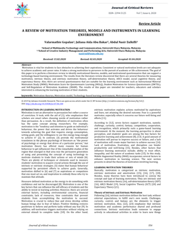 A Review of Motivation Theories, Models and Instruments in Learning Environment