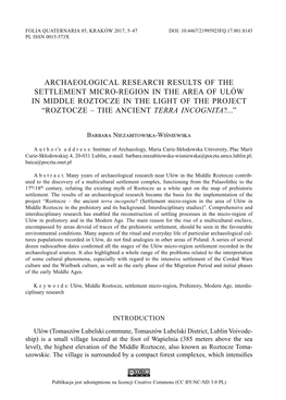 Archaeological Research RESULTS of the Settlement Micro-Region in the AREA of ULÓW in Middle Roztocze in the Light of the Proje