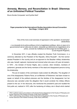 Amnesty, Memory, and Reconciliation in Brazil: Dilemmas of an Unfinished Political Transition