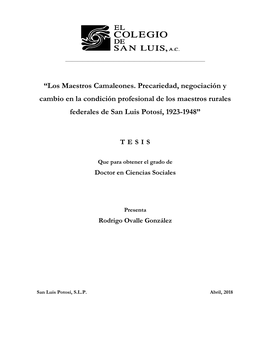 Los Maestros Camaleones. Precariedad, Negociación Y Cambio En La Condición Profesional De Los Maestros Rurales Federales De San Luis Potosí, 1923-1948”