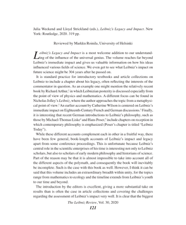 Julia Weckend and Lloyd Strickland (Eds.), Leibniz's Legacy and Impact. New York: Routledge, 2020. 319 Pp. Reviewed by Markku