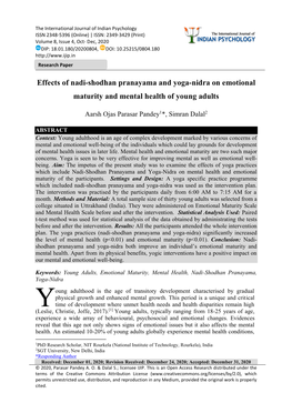 Effects of Nadi-Shodhan Pranayama and Yoga-Nidra on Emotional Maturity and Mental Health of Young Adults