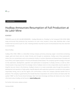 Hudbay Announces Resumption of Full Production at Its Lalor Mine