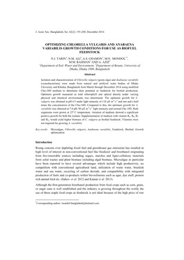 Optimizing Chlorella Vulgaris and Anabaena Variabilis Growth Conditions for Use As Biofuel Feedstock