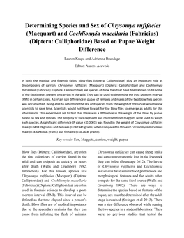 And Cochliomyia Macellaria (Fabricius) (Diptera: Calliphoridae) Based on Pupae Weight Difference