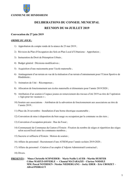 Compte-Rendu Des Délibérations Du Conseil Municipal Du 04 Juillet 2019