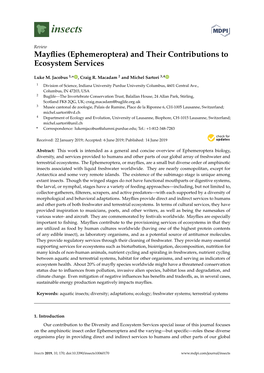 Mayflies (Ephemeroptera) and Their Contributions to Ecosystem Services