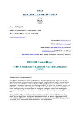 2000-2001 Annual Report to the Conference of European National Librarians (CENL)