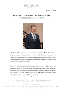 November 5, 2019 the PENINSULA PARIS APPOINTS MATTHIAS