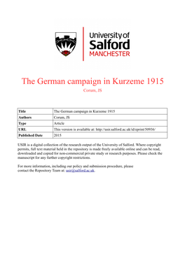 The German Campaign in Kurzeme 1915 Corum, JS