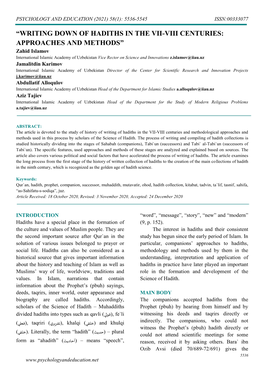 “Writing Down of Hadiths in the Vii-Viii