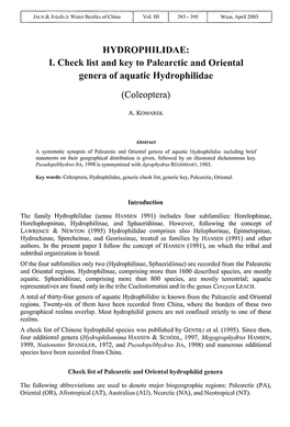 I. Check List and Key to Palearctic and Oriental Genera of Aquatic Hydrophilidae (Coleoptera)