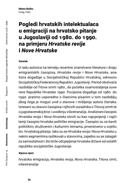 Pogledi Hrvatskih Intelektualaca U Emigraciji Na Hrvatsko Pitanje U Jugoslaviji Od 1980