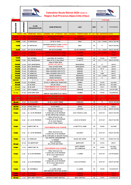 Calendrier Route Révisé 2020 COVID 19 Région Sud Provence-Alpes-Côte D'azur NEWS ANNULEE 27/07/2020