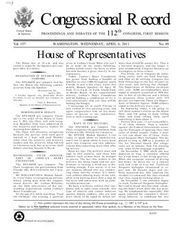 Congressional Record United States Th of America PROCEEDINGS and DEBATES of the 112 CONGRESS, FIRST SESSION