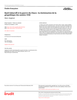 Basil Zaharoff Et La Guerre Du Chaco : La Tintinisation De La Géopolitique Des Années 1930 Marc Angenot