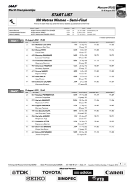 START LIST 100 Metres Women - Semi-Final First 2 in Each Heat (Q) and the Next 2 Fastest (Q) Advance to the Final
