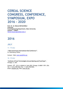 Cereal Science Congress, Conference, Symposium, Expo 2016 – 2020