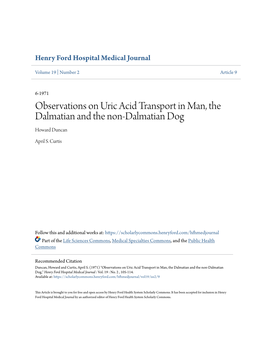 Observations on Uric Acid Transport in Man, the Dalmatian and the Non-Dalmatian Dog Howard Duncan