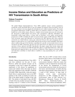 Income Status and Education As Predictors of HIV Transmission in South Africa