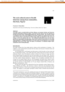 The Socio-Cultural Context of Health Behaviour Among Esan Communities, Edo State, Nigeria*