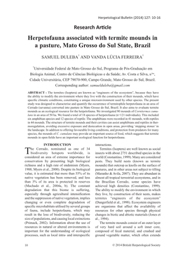 Herpetofauna Associated with Termite Mounds in a Pasture, Mato Grosso Do Sul State, Brazil