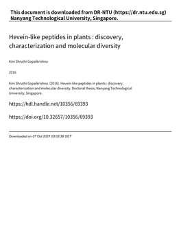Hevein‑Like Peptides in Plants : Discovery, Characterization and Molecular Diversity