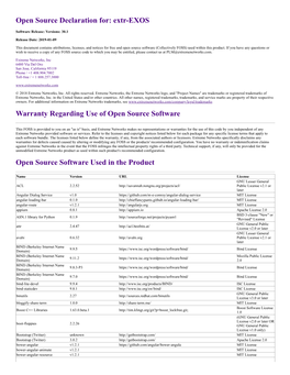 Open Source Declaration For: Extr-EXOS Warranty Regarding Use Of