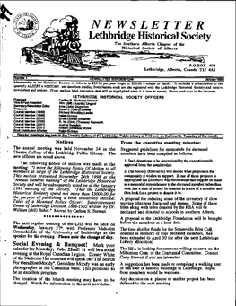 NEWSLETTER Lethbridge Historical Society the Southern Alberta Chapter of the Historical Society of Alberta